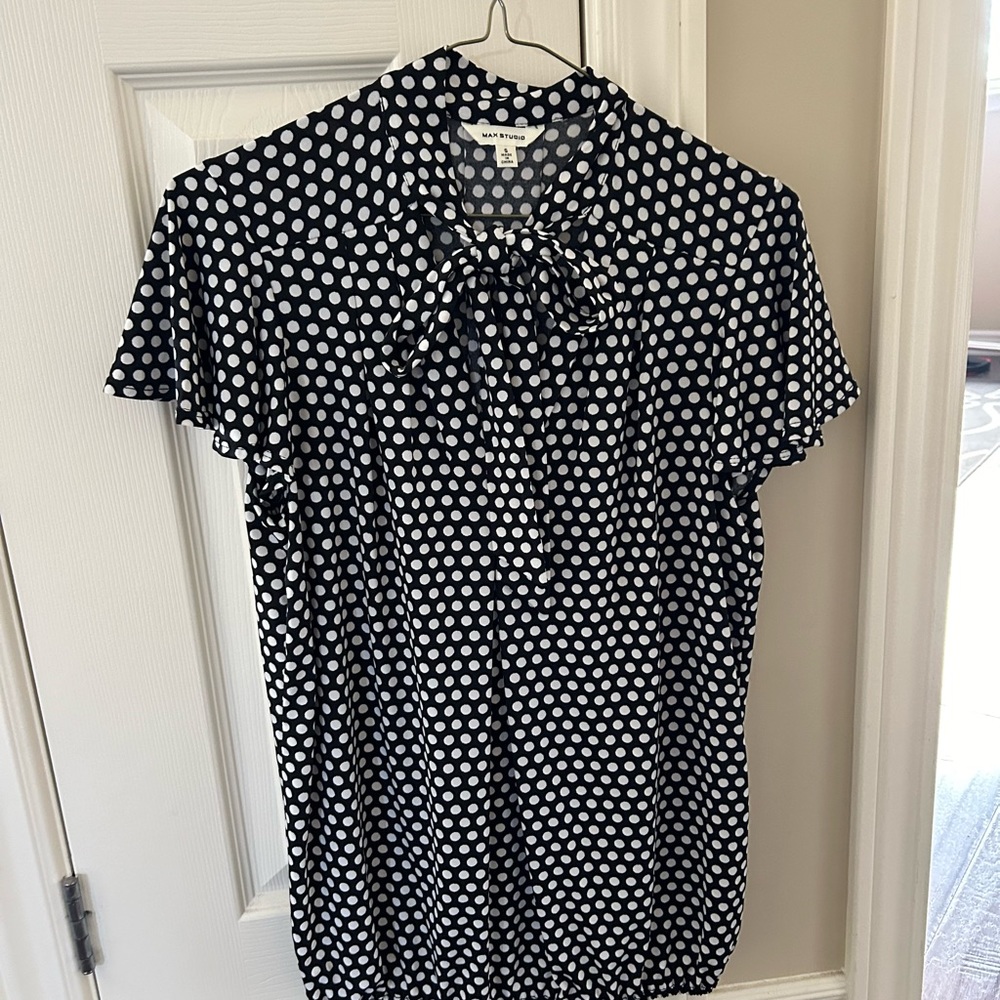 Ann Taylor Black & White Polka Dot Tie-Neck Blouse